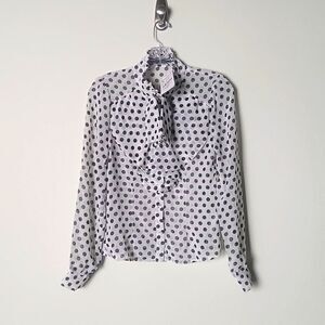 NWT XS S Ruffle Dot Black Victorian Long Sleeve Blouse Bow High Neck Tie Blouse